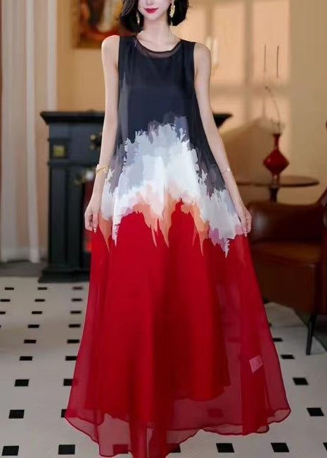 Elegant Red Oversized Tie Dye Chiffon A Line Dress Sleeveless