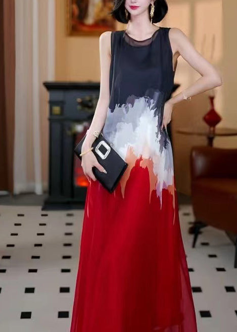 Elegant Red Oversized Tie Dye Chiffon A Line Dress Sleeveless