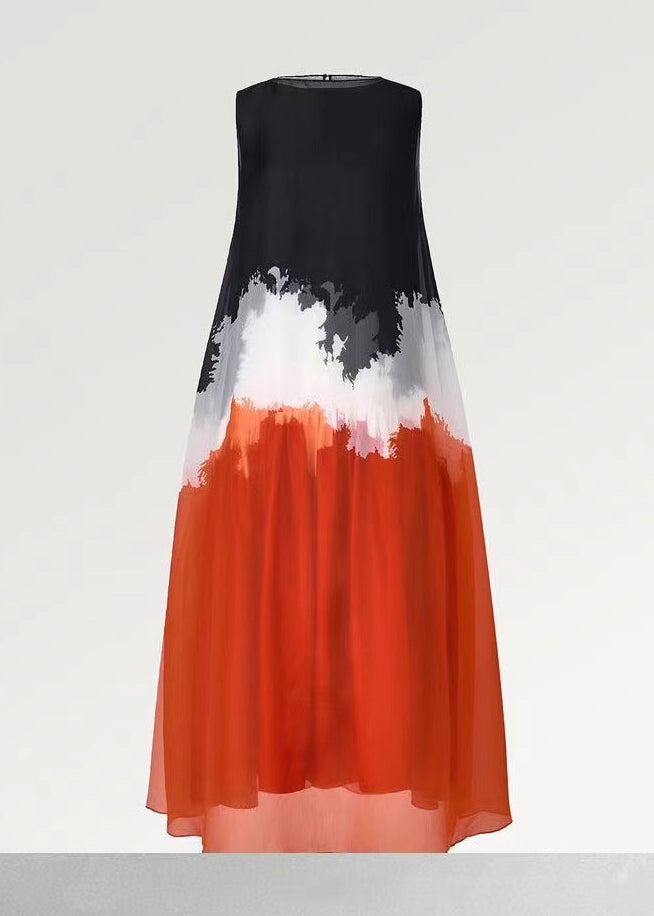 Elegant Red Oversized Tie Dye Chiffon A Line Dress Sleeveless