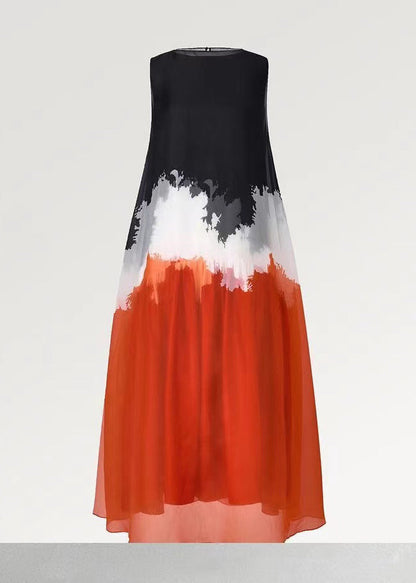 Elegant Red Oversized Tie Dye Chiffon A Line Dress Sleeveless