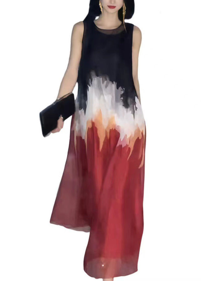 Elegant Red Oversized Tie Dye Chiffon A Line Dress Sleeveless