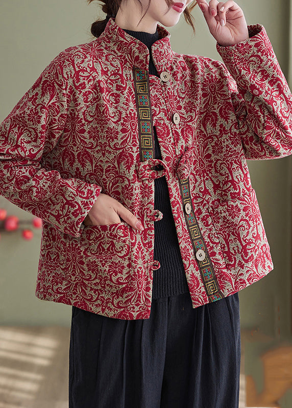 Elegant White-Crane Print Pockets Cotton Filled Parka Winter