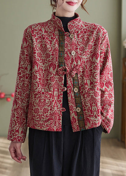 Elegant White-Crane Print Pockets Cotton Filled Parka Winter