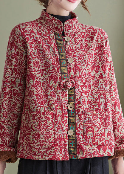 Elegant White-Crane Print Pockets Cotton Filled Parka Winter