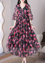 Load image into Gallery viewer, Elegant Red Print Ruffled Chiffon Long Dress Half Sleeve