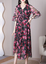 Load image into Gallery viewer, Elegant Red Print Ruffled Chiffon Long Dress Half Sleeve