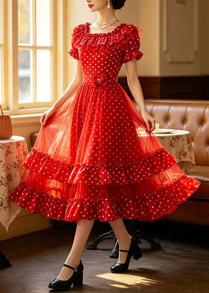 Elegant Red Print Ruffled Floral Chiffon Maxi Dresses Summer