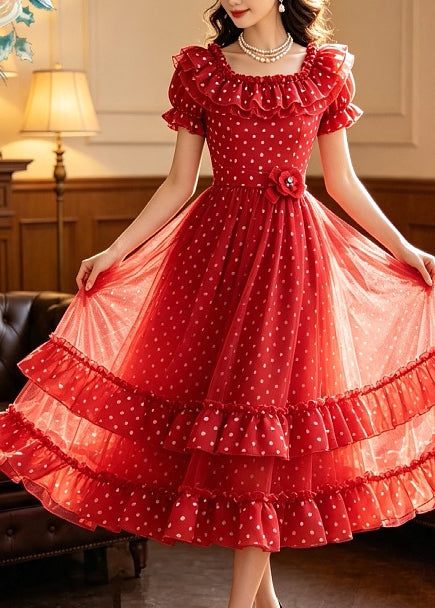 Elegant Red Print Ruffled Floral Chiffon Maxi Dresses Summer