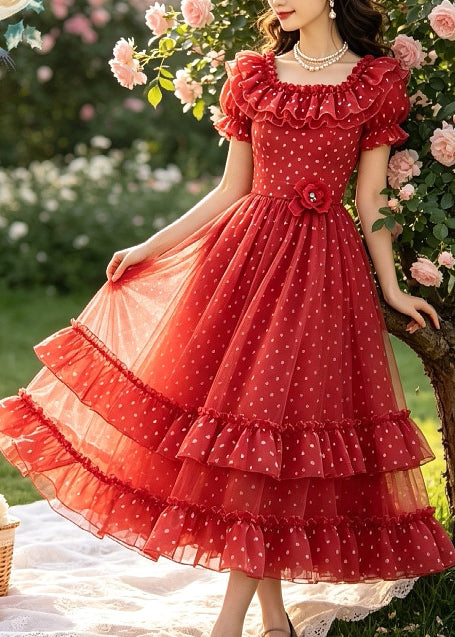 Elegant Red Print Ruffled Floral Chiffon Maxi Dresses Summer