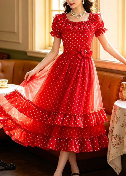Elegant Red Print Ruffled Floral Chiffon Maxi Dresses Summer