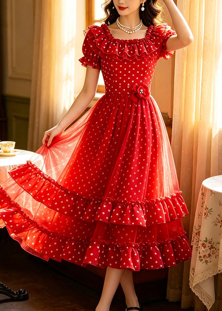 Elegant Red Print Ruffled Floral Chiffon Maxi Dresses Summer