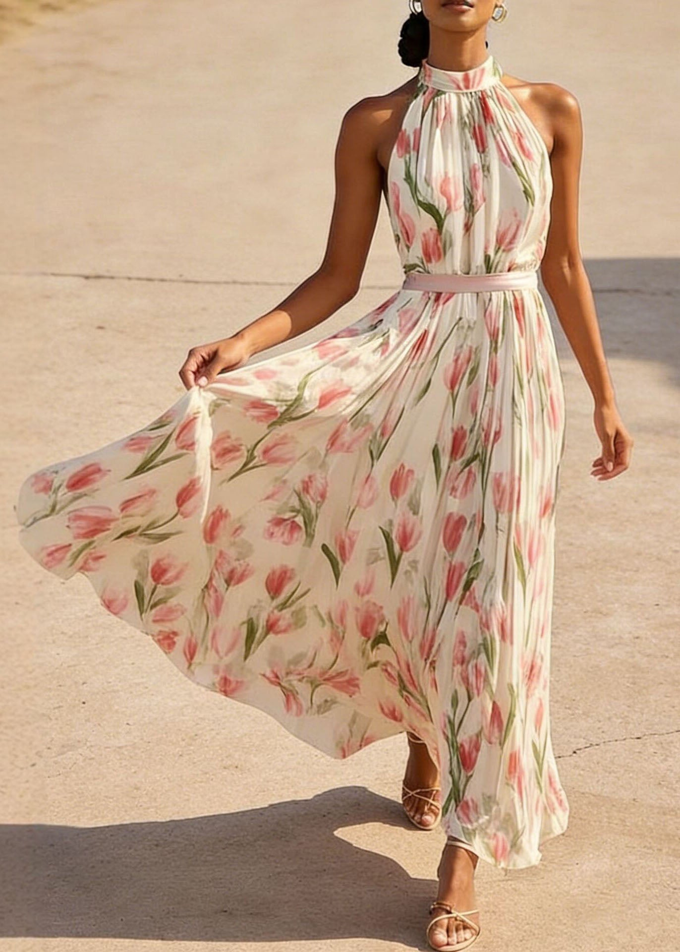Elegant Red Print Wrinkled Chiffon Dresses Sleeveless