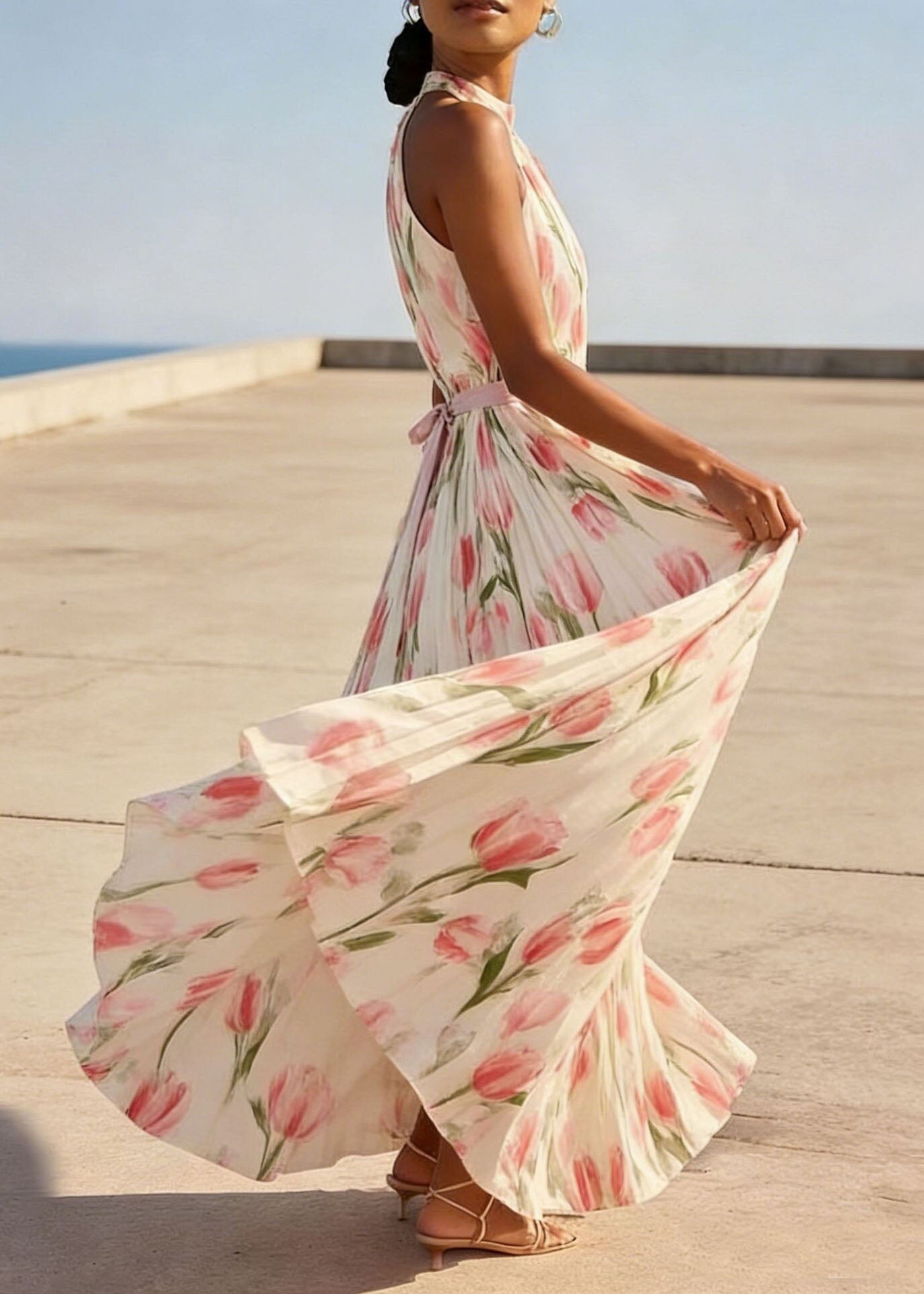 Elegant Red Print Wrinkled Chiffon Dresses Sleeveless