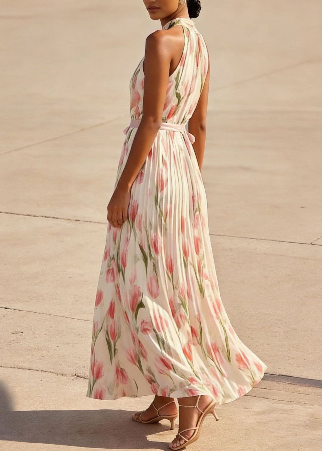 Elegant Red Print Wrinkled Chiffon Dresses Sleeveless