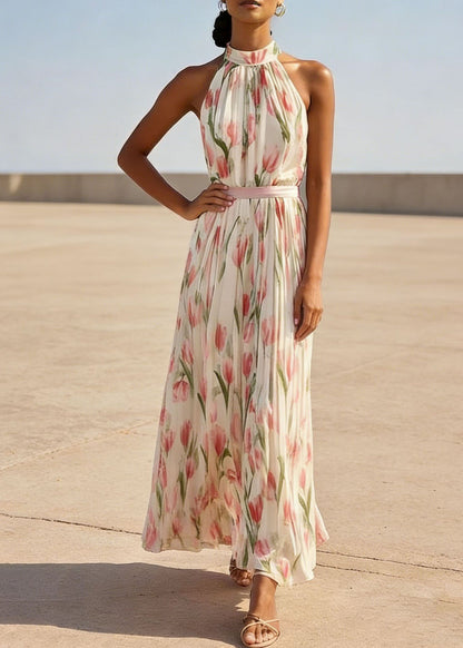 Elegant Red Print Wrinkled Chiffon Dresses Sleeveless