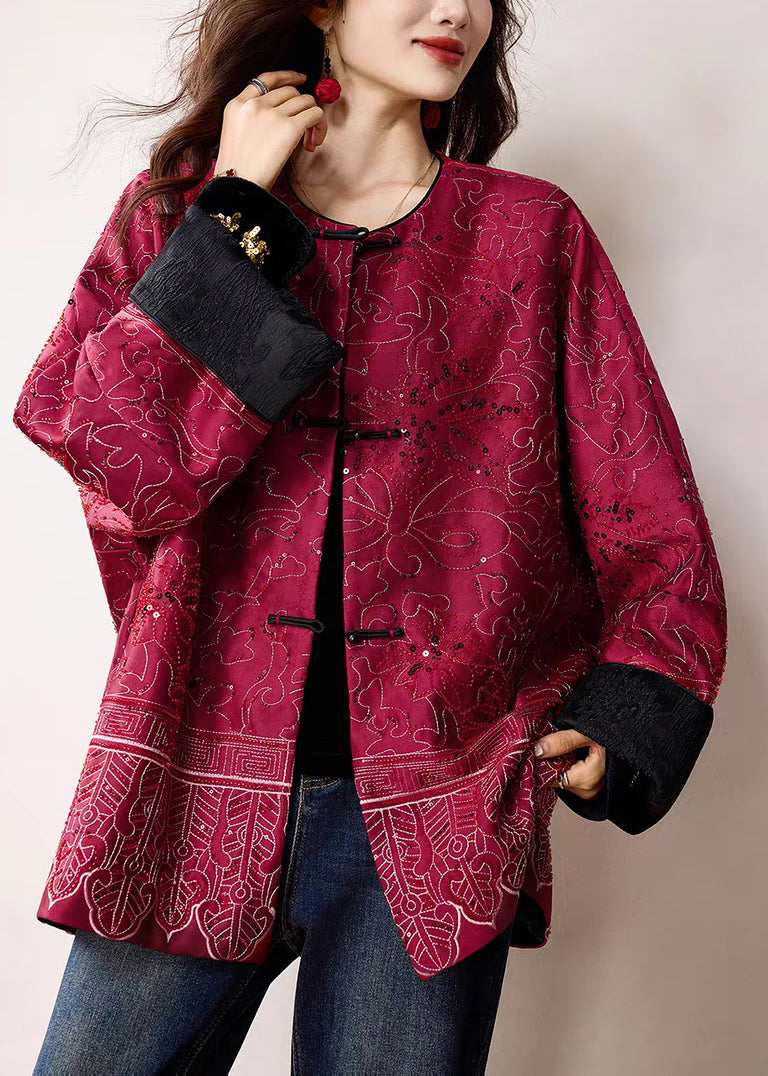 Elegant Red Sequins Patchwork Pockets Coats Winter