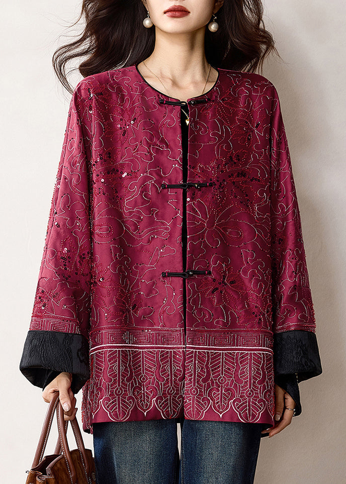 Elegant Red Sequins Patchwork Pockets Coats Winter