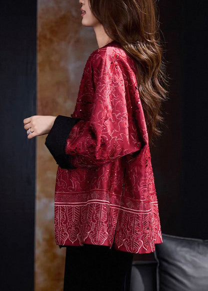 Elegant Red Sequins Patchwork Pockets Coats Winter