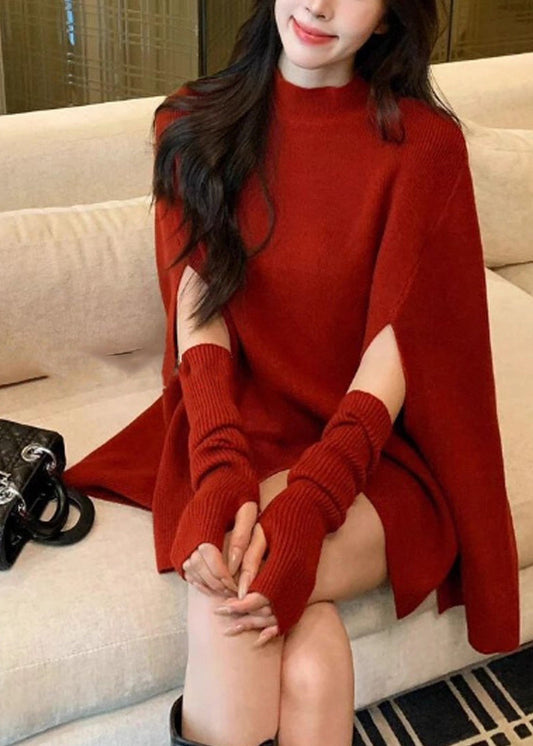 Elegant Red Stand Collar Oversized Knit Sweaters Batwing Sleeve