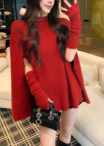 Elegant Red Stand Collar Oversized Knit Sweaters Batwing Sleeve