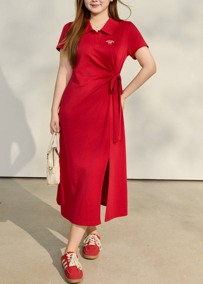 Elegant Red Tie Waist Side Open Cotton Dresses Summer