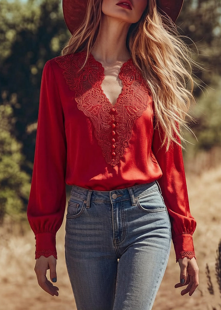 Elegant Red V Neck Button Embroideried Patchwork Silk Shirt Top Spring