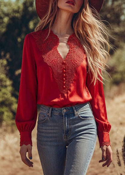 Elegant Red V Neck Button Embroideried Patchwork Silk Shirt Top Spring