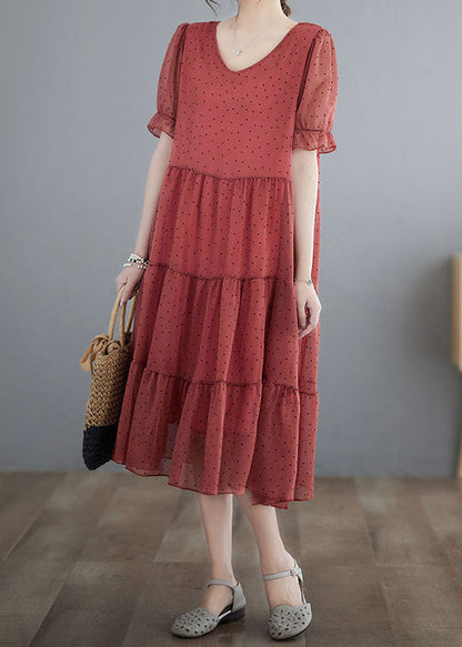 Elegant Red V Neck Dot Print Patchwork Chiffon Dresses Summer