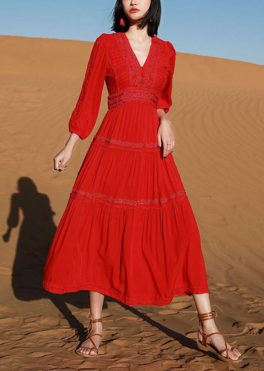 Elegant Red V Neck Embroidered Solid Cotton Long Dresses Bracelet Sleeve