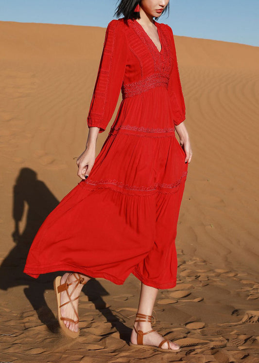 Elegant Red V Neck Embroidered Solid Cotton Long Dresses Bracelet Sleeve