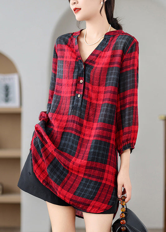 Elegant Red V Neck Plaid Linen Mid Dresses Summer