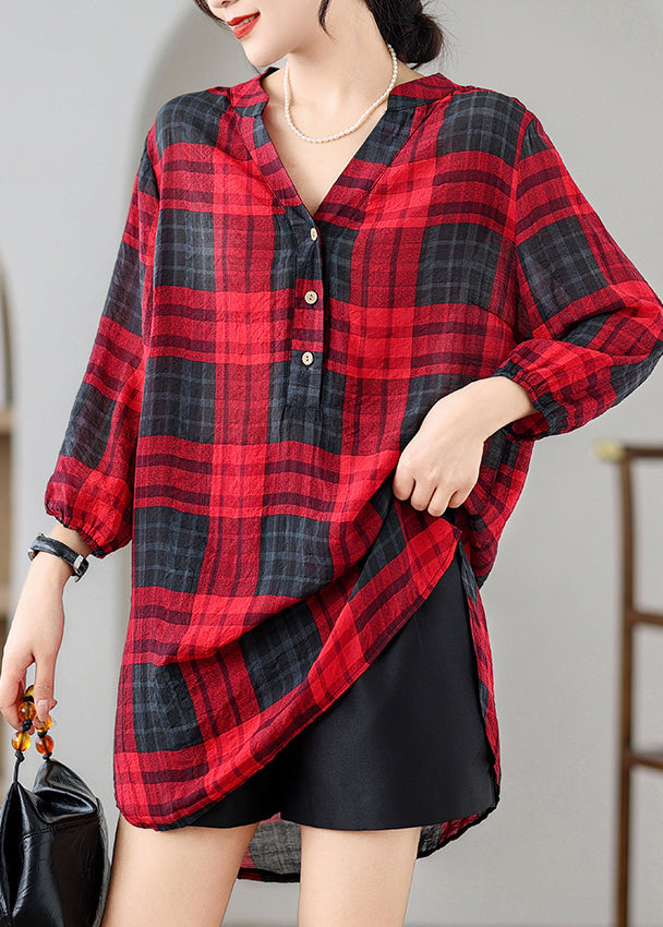 Elegant Red V Neck Plaid Linen Mid Dresses Summer