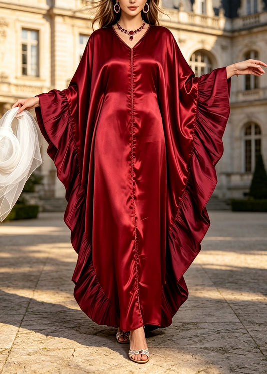 Elegant Red V Neck Ruffled Patchwork Silk Dress Batwing Sleeve