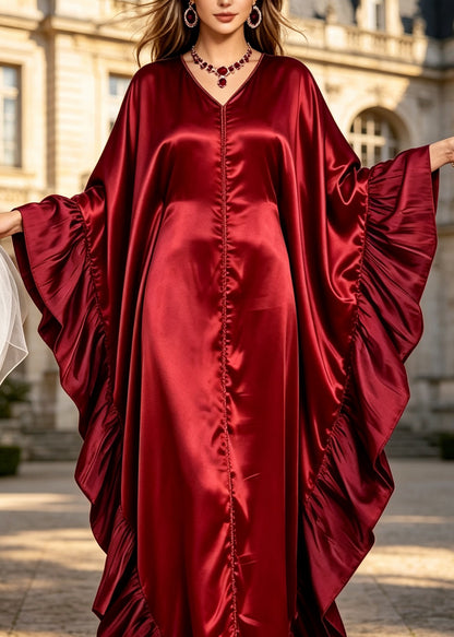 Elegant Red V Neck Ruffled Patchwork Silk Dress Batwing Sleeve