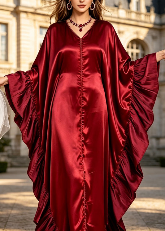 Elegant Red V Neck Ruffled Patchwork Silk Dress Batwing Sleeve