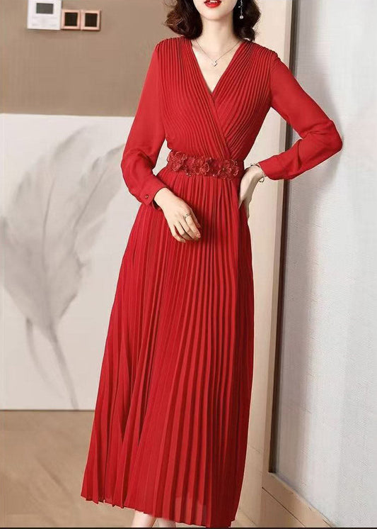 Elegant Red V Neck Wrinkled Tunic Chiffon Maxi Dress Fall