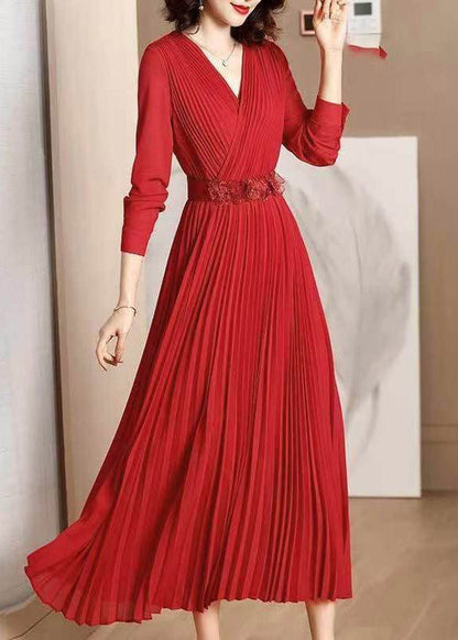 Elegant Red V Neck Wrinkled Tunic Chiffon Maxi Dress Fall