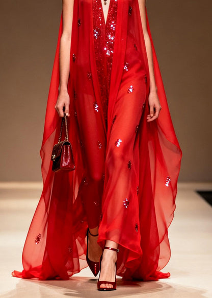 Elegant Red V Neck Zircon Patchwork Chiffon Dress Summer