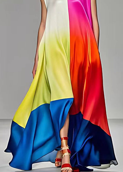 Elegant Rose Asymmetrical Pockets Silk Long Dresses Sleeveless