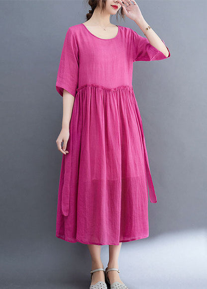 Elegant Rose O-Neck Ruffled Exra Large Hem Solid Color Linen Holiday Dress Half Sleeve