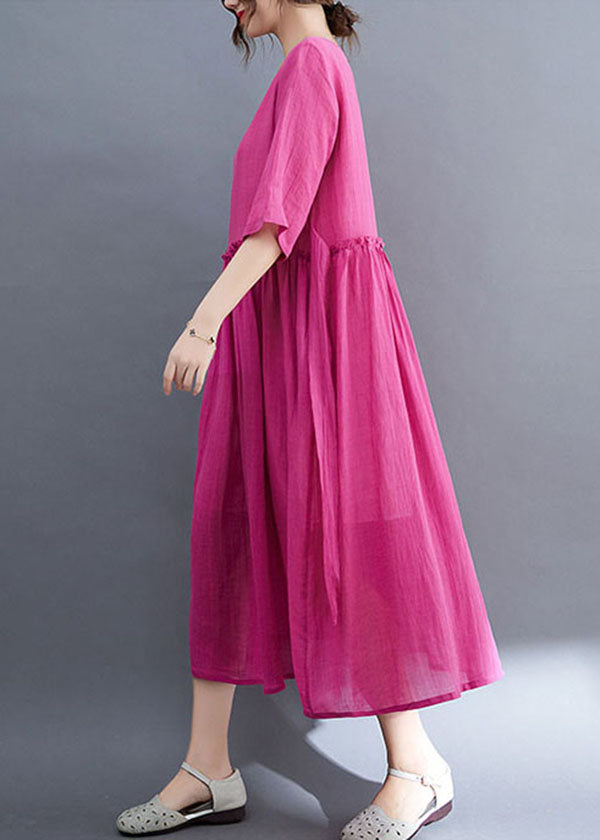 Elegant Rose O-Neck Ruffled Exra Large Hem Solid Color Linen Holiday Dress Half Sleeve
