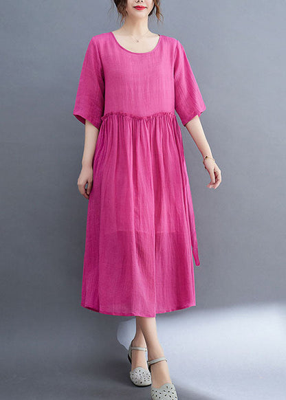 Elegant Rose O-Neck Ruffled Exra Large Hem Solid Color Linen Holiday Dress Half Sleeve