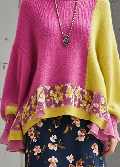 Elegant Rose Oversized Patchwork Cozy Knit Sweater Fall