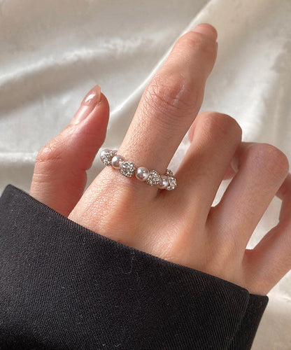 Elegant Rose Pink Pearl Elastic Rope Alloy Rings