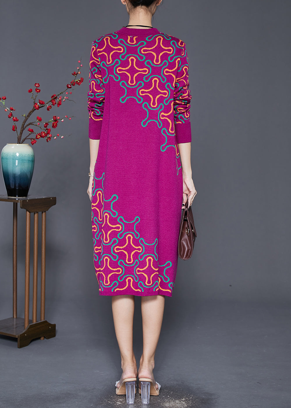 Elegant Rose Print Complimentary Scarf Knit Long Knit Dress Fall