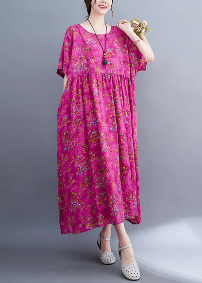 Elegant Rose Print Patchwork Cotton Cozy Long Dress Short Sleeve