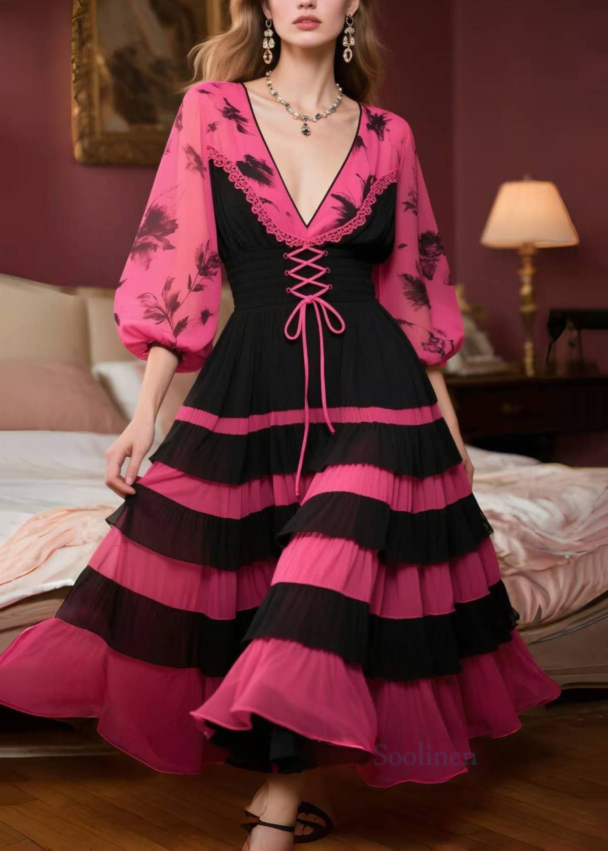 Elegant Rose Print Patchwork Exra Large Hem Chiffon Dress Lantern Sleeve