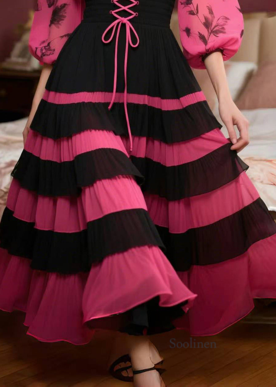 Elegant Rose Print Patchwork Exra Large Hem Chiffon Dress Lantern Sleeve