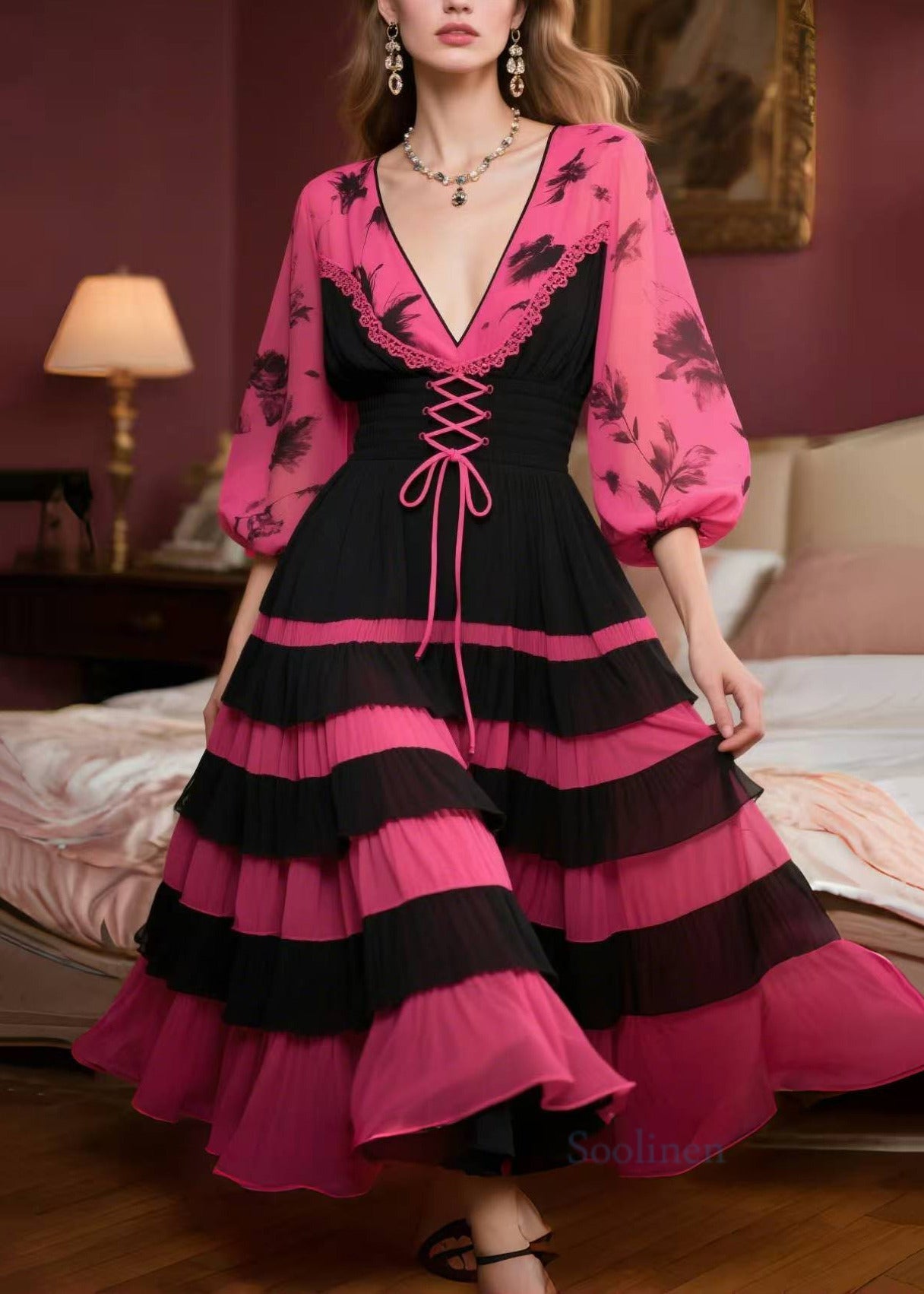 Elegant Rose Print Patchwork Exra Large Hem Chiffon Dress Lantern Sleeve