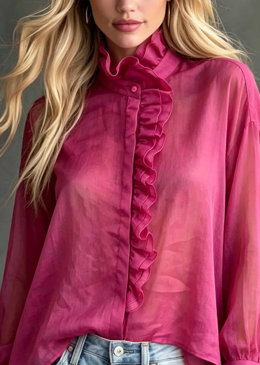 Elegant Rose Ruffled Patchwork Cotton Shirts Top Fall